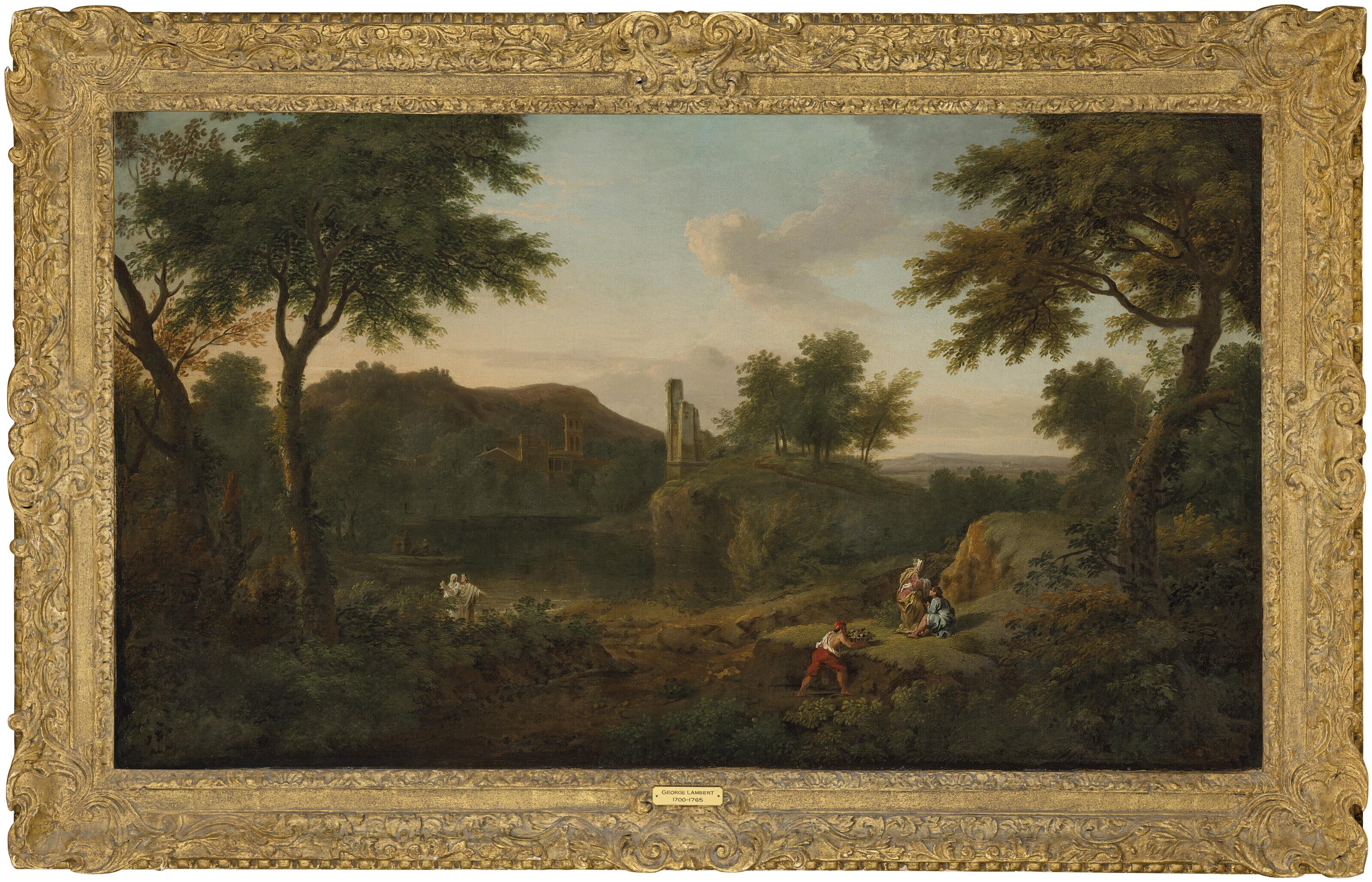 George Lambert - An Italianate Landscape with Maneus Curius Dentatus with acolytes rejecting the gifts of the Samnites and preferring Turnips