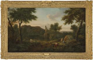 George Lambert - An Italianate Landscape with Maneus Curius Dentatus with acolytes rejecting the gifts of the Samnites and preferring Turnips