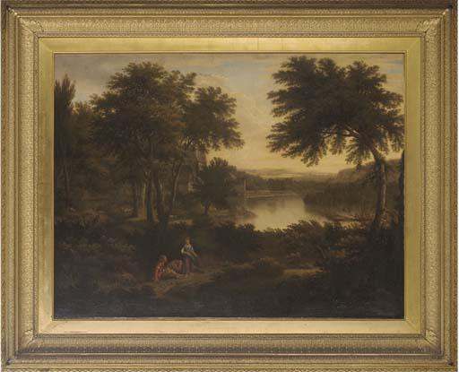 George Lambert - Figures resting in a river landscape, a mill beyond