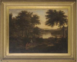 George Lambert - Figures resting in a river landscape, a mill beyond