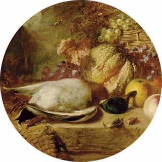 George Lance - A mallard, apples, a peach, melon, grapes, hazlenuts on a ledge with a basket