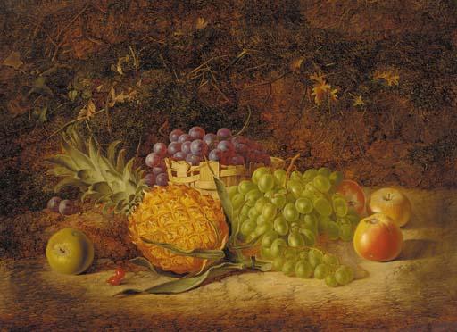 George Lance - Apples, a pineapple, and grapes in a wicker basket, on a mossy bank