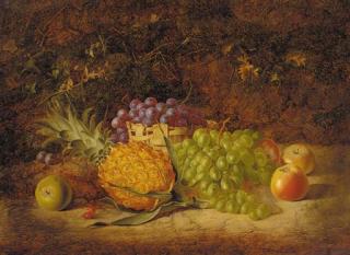 George Lance - Apples, a pineapple, and grapes in a wicker basket, on a mossy bank