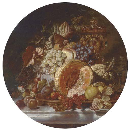 George Lance - Grapes, cherries, plums, gooseberries and melons on a silver platter with a bejewelled cup and cover on a ledge