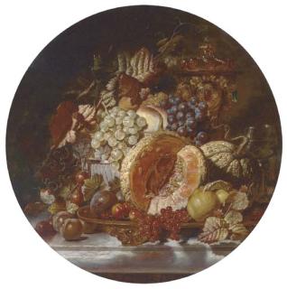 George Lance - Grapes, cherries, plums, gooseberries and melons on a silver platter with a bejewelled cup and cover on a ledge