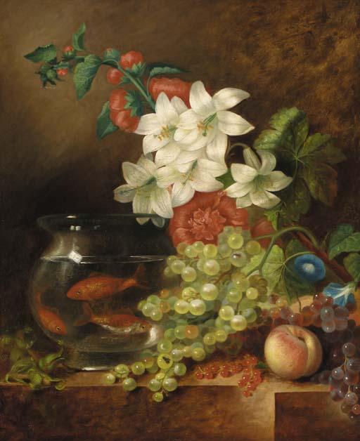 George Lance - Grapes, lilies, hollyhocks, convolvulus, cobnuts, redcurrants, a peach and goldfish in a bowl, on a marble ledge
