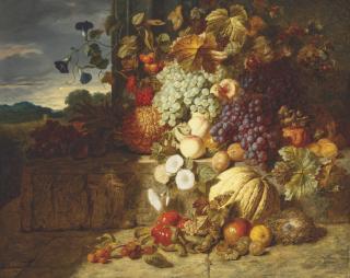 George Lance - Grapes, peaches, a melon and other fruit on a stone frieze with a bird’s nest