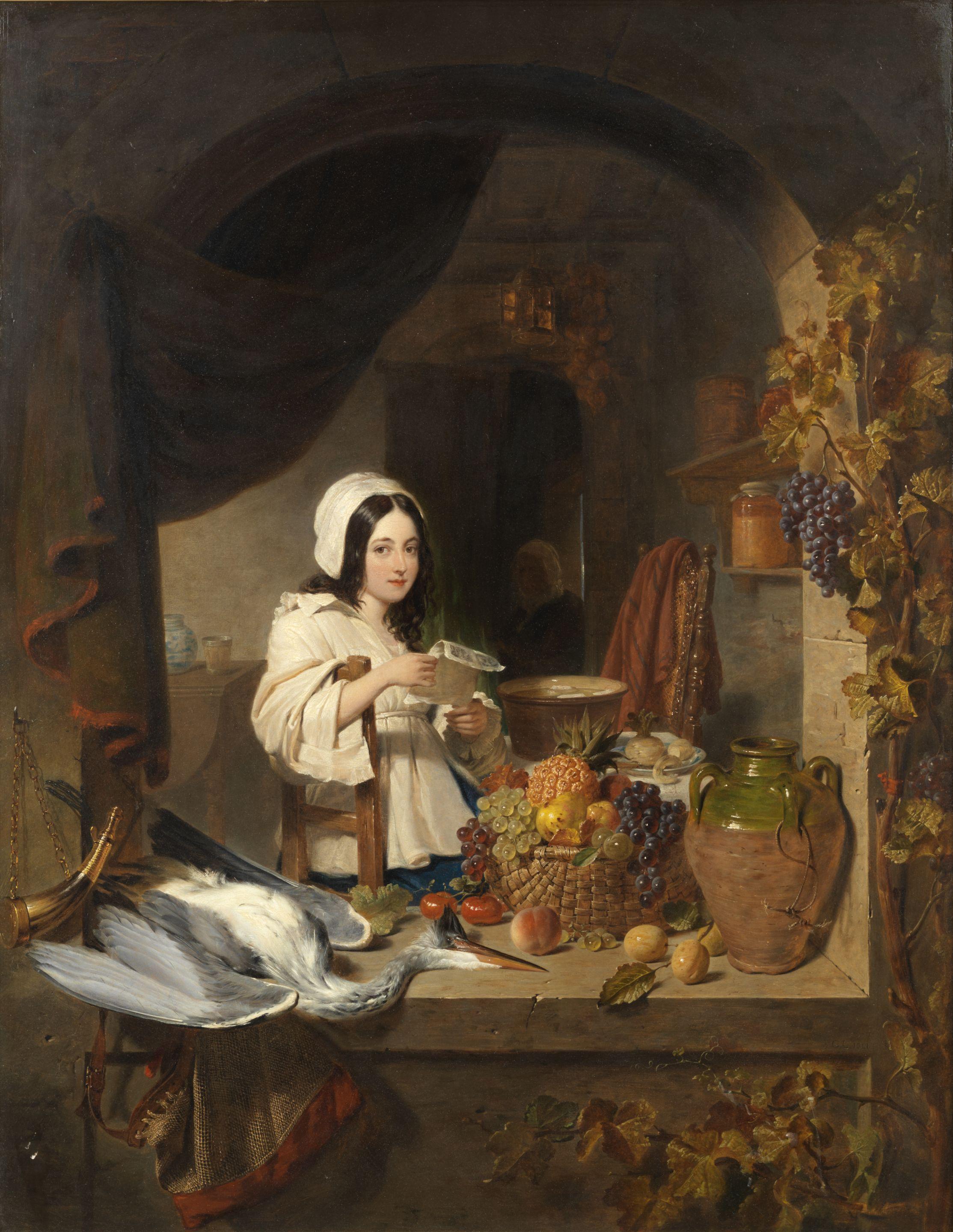 George Lance - Interior with a girl, still life of fruit and a heron