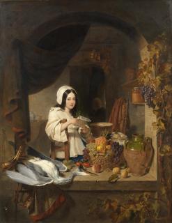 George Lance - Interior with a girl, still life of fruit and a heron