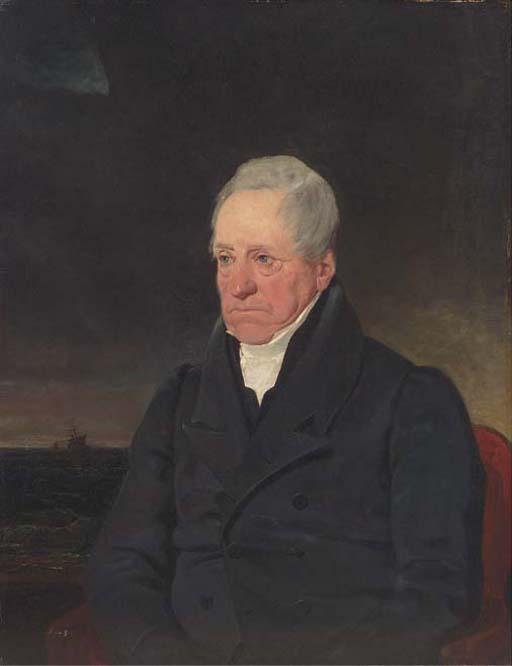 George Lance - Portrait of William Curling Esq., Seated Half-Length, In A Black Coat, With A Seascape And Ship Beyond