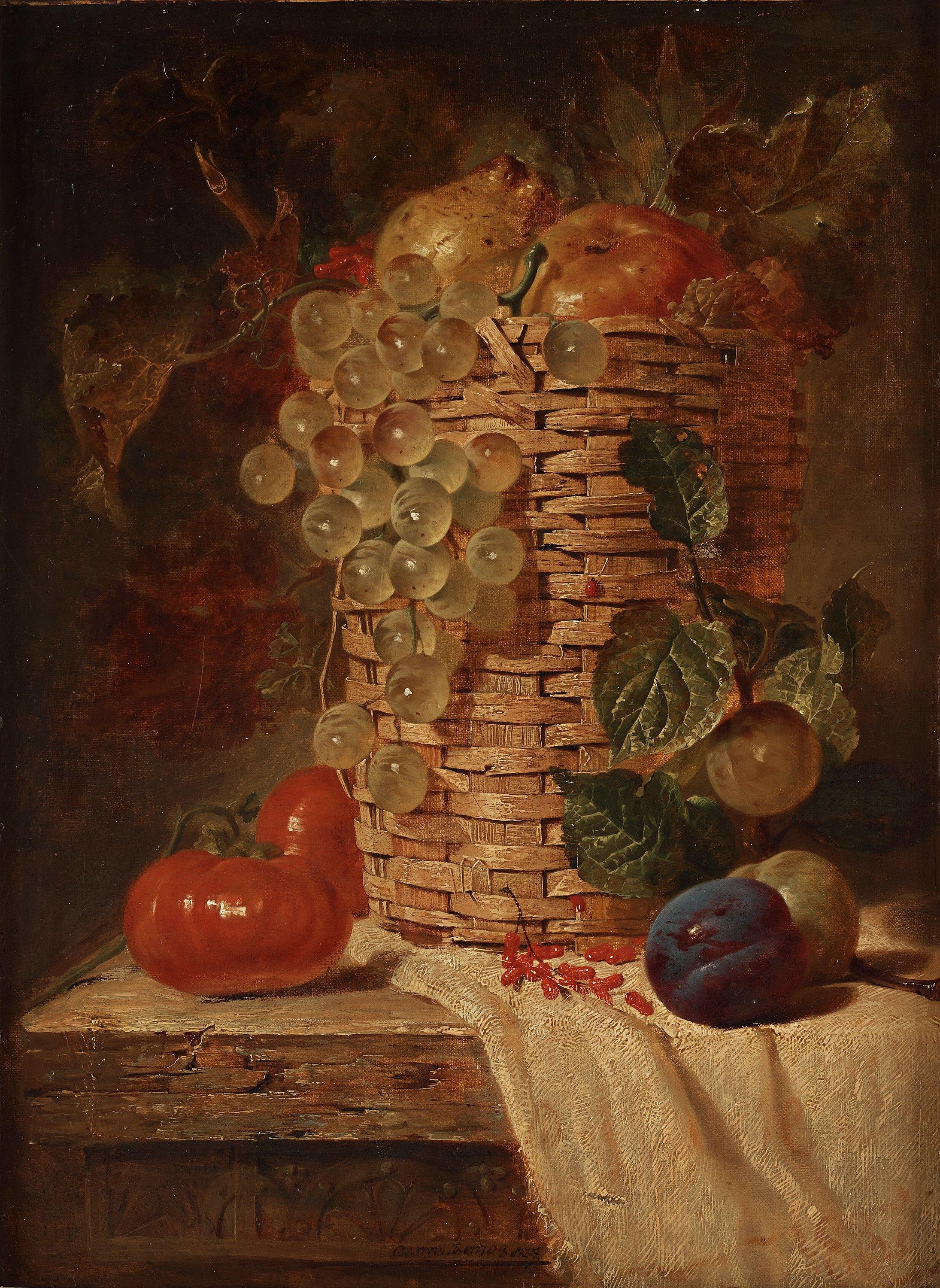 George Lance - Still life with pears, grapes, plums and tomatoes