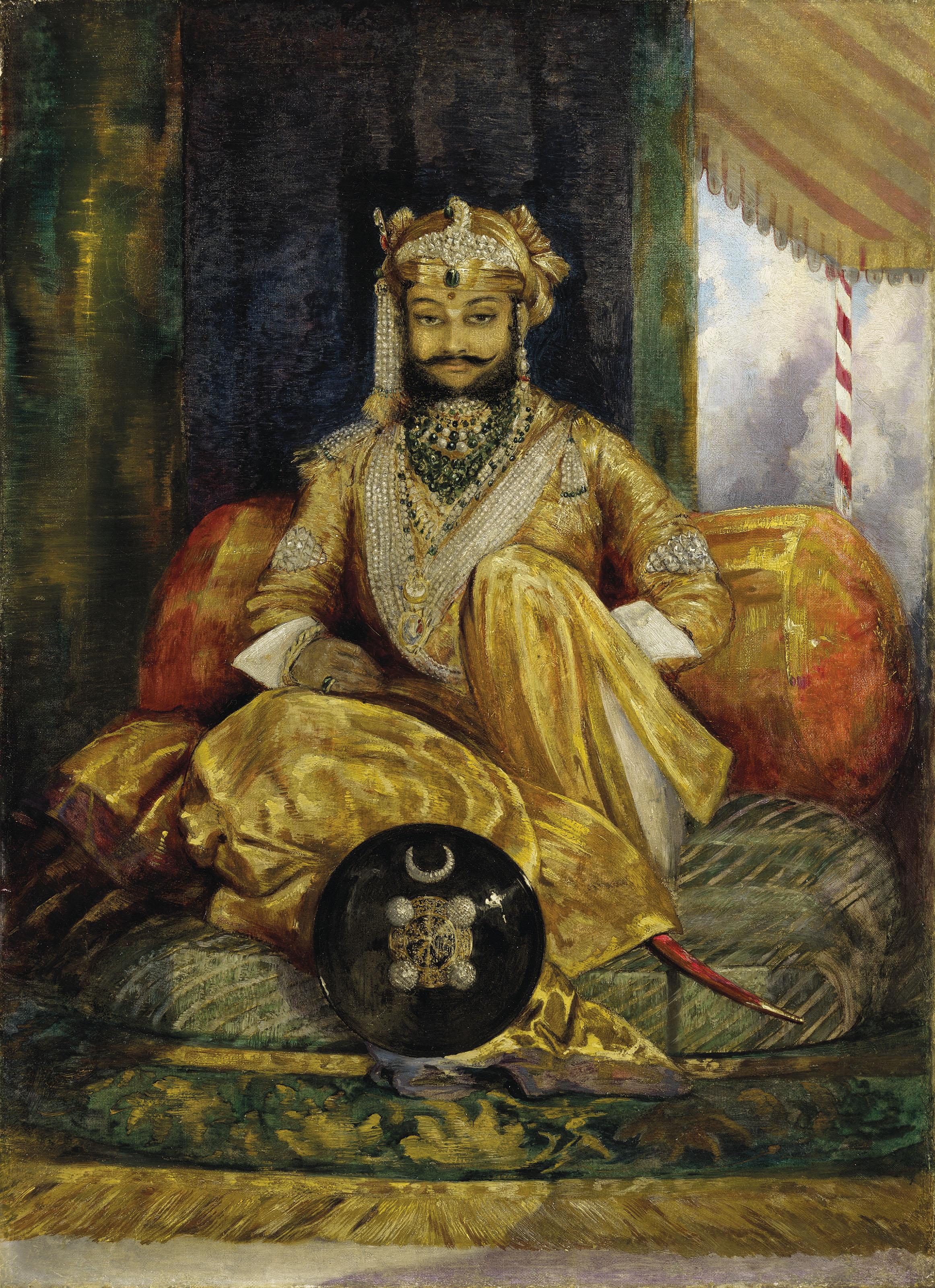 George Landseer - Portrait of H. H. the Maharaja Tukoji Rao II Holkar of Indore, seated small full-length on a cushion