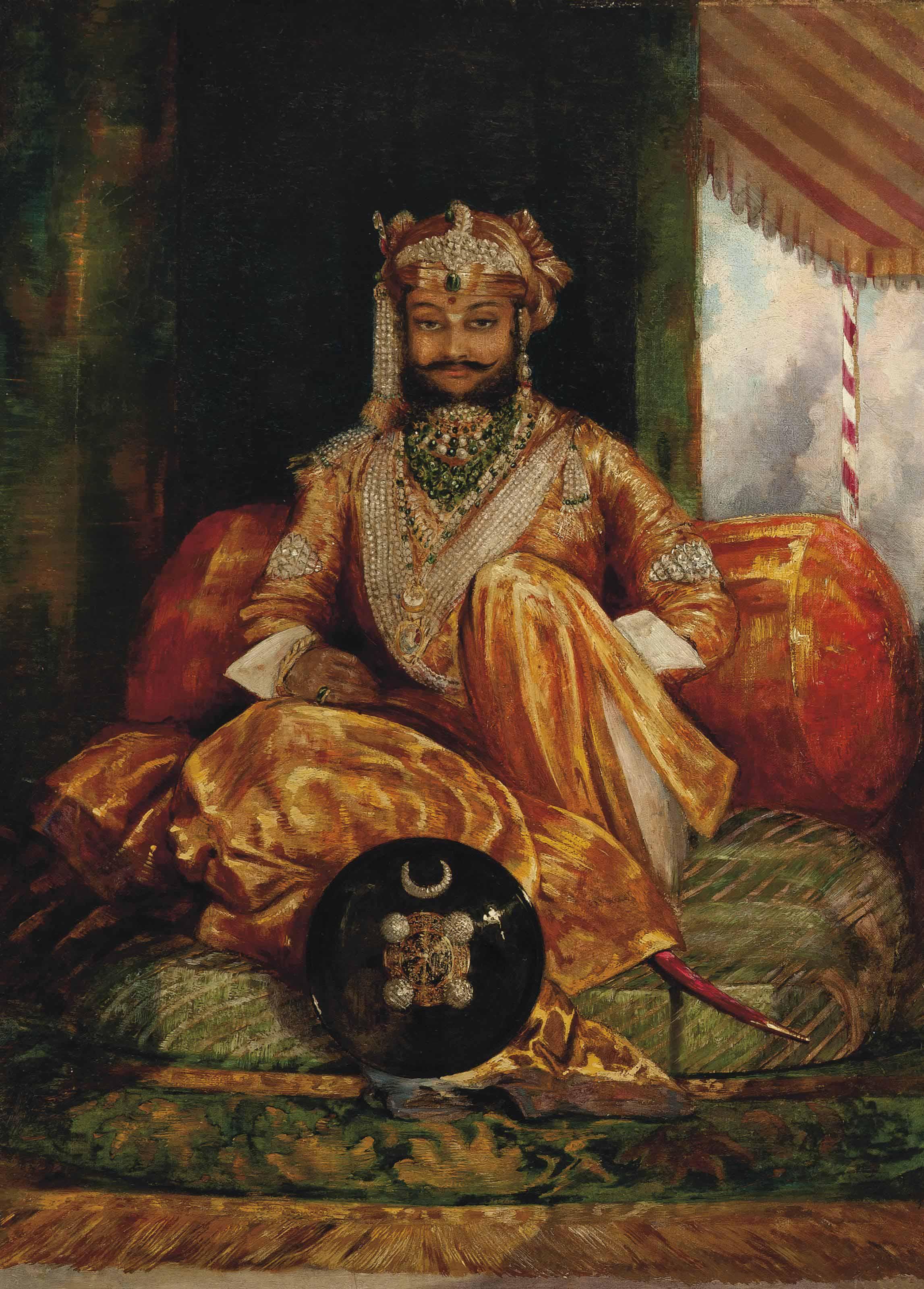 George Landseer - Portrait of His Highness The Maharajah Holkar of Indore, Seated Full Length On A Cushion