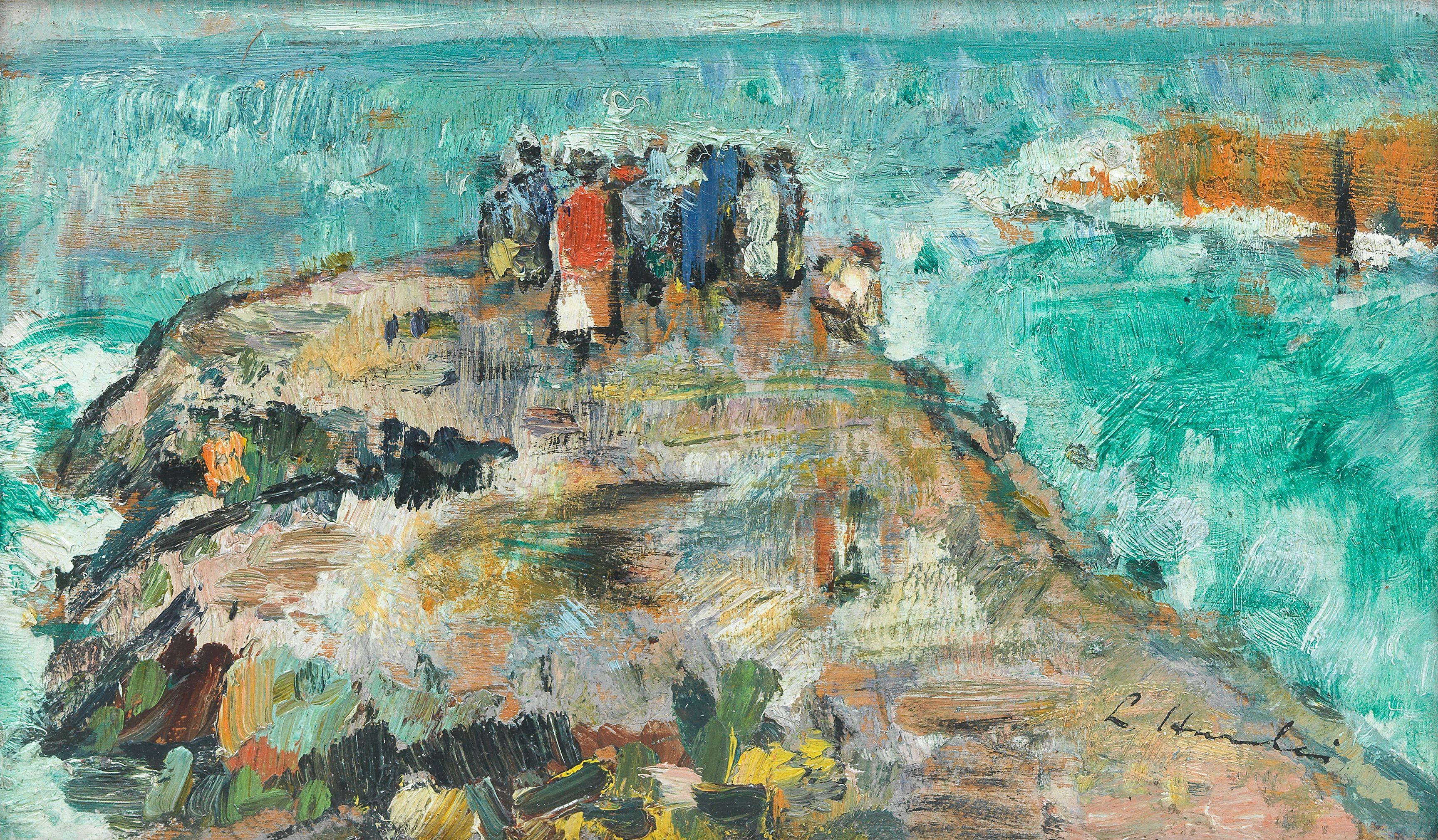George Leslie Hunter - Figures on the Jetty, Lower Largo Harbour Painted circa 1922-1923