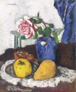 George Leslie Hunter - Fruit And Pink Rose In A Blue Vase