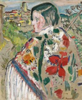 George Leslie Hunter - Girl in a shawl; St Paul de Vence beyond