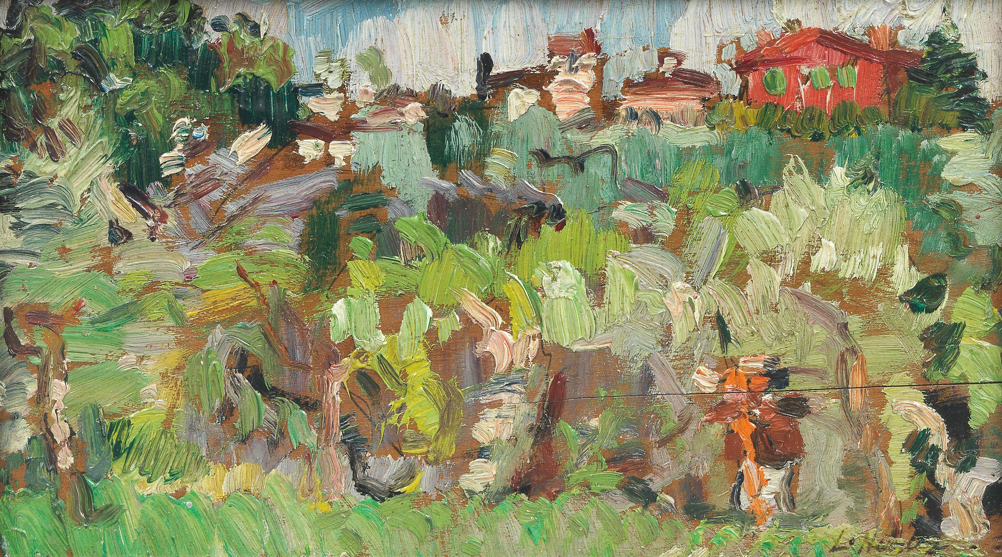 George Leslie Hunter - Landscape with red house and green shutters Painted circa 1922-1923