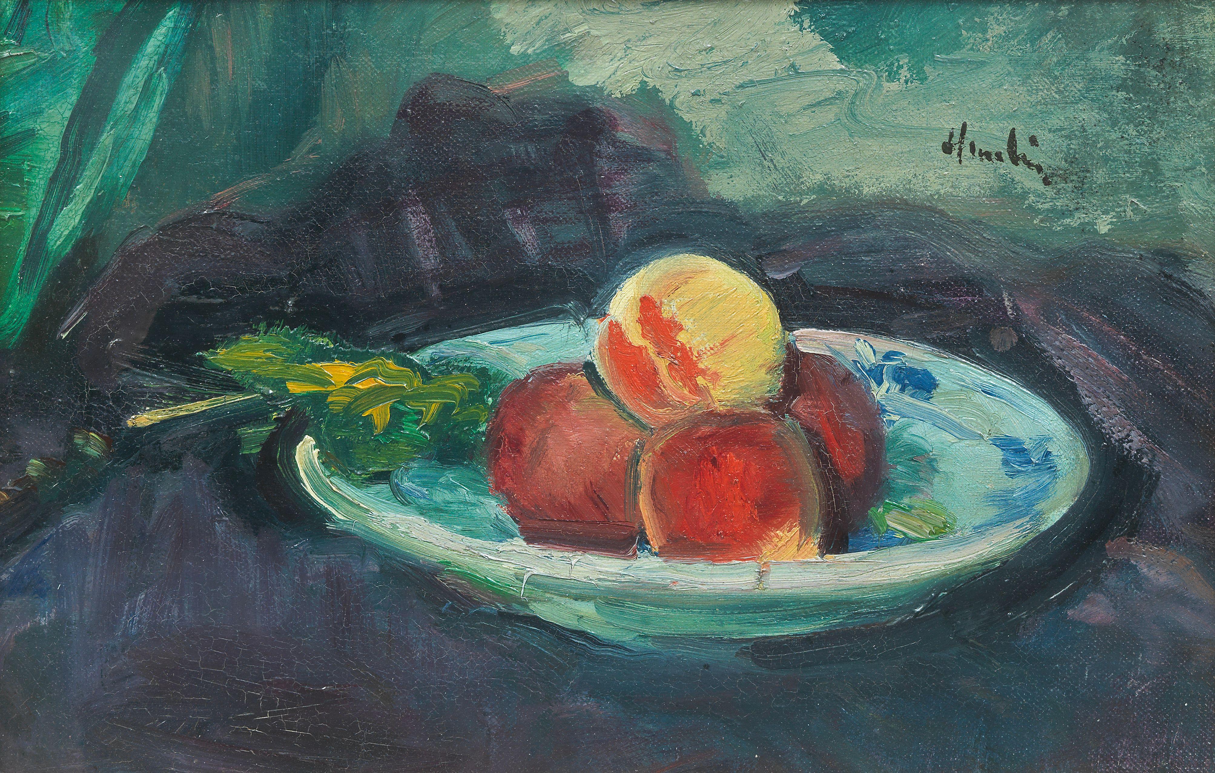 George Leslie Hunter - Still Life of a Dish of Fruit on Purple Cloth Painted circa 1921