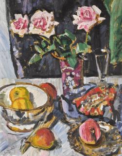 George Leslie Hunter - Still Life Of Pink Roses With Fruit And A Glass
