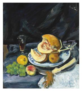 George Leslie Hunter - Still life with cut melon, glass and fan