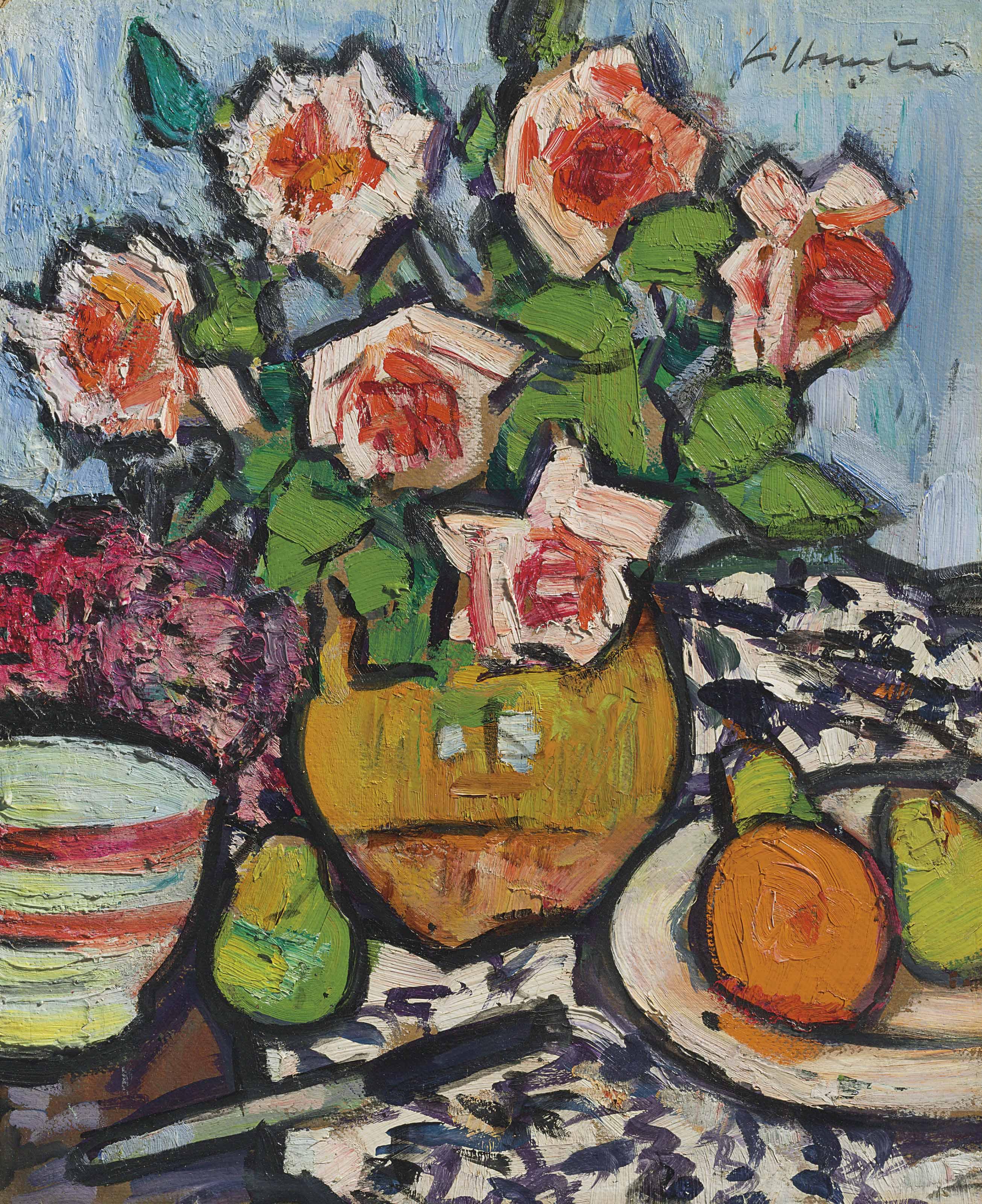 George Leslie Hunter - Still Life with Roses, Fruit and Knife