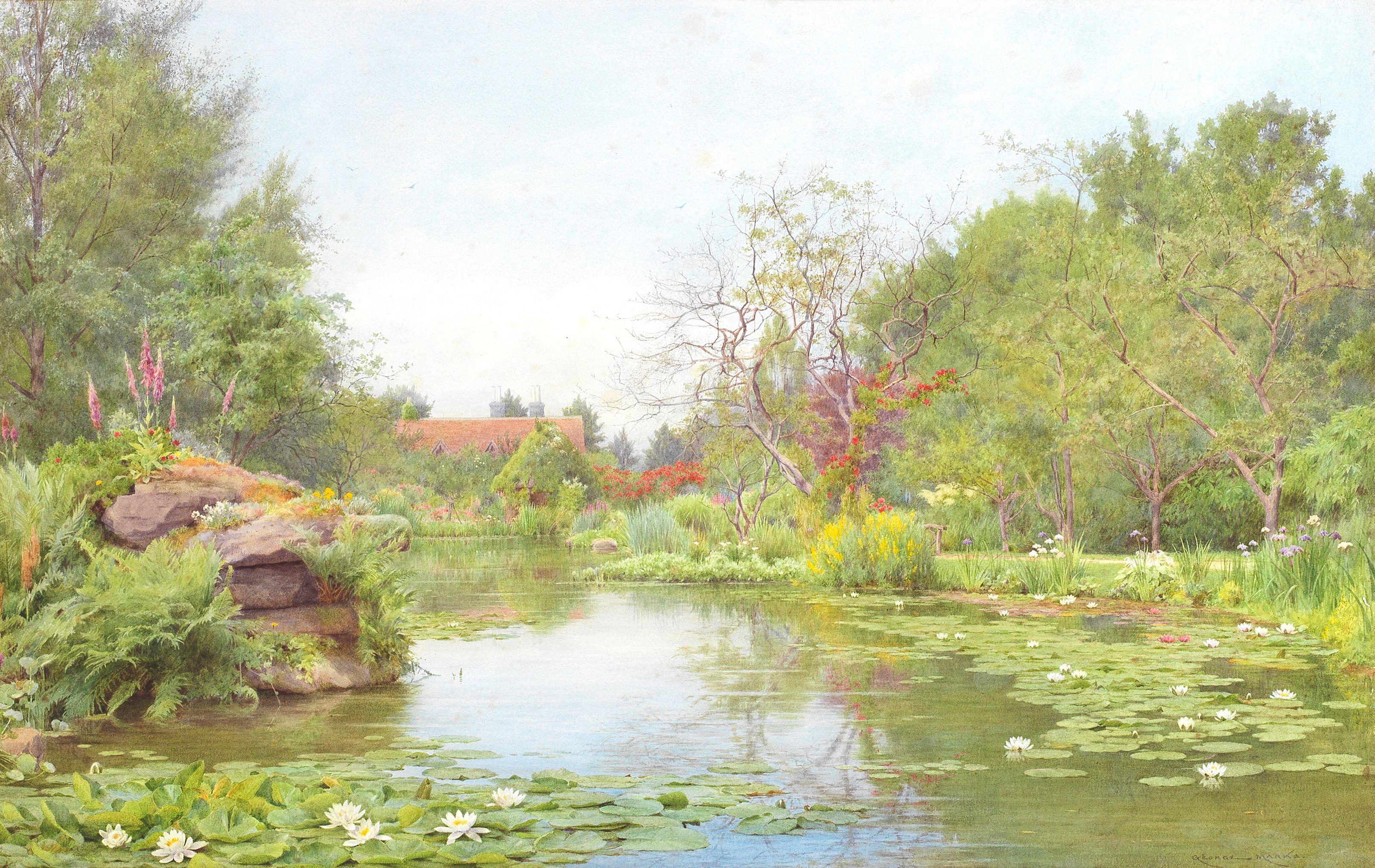 George Marks - Spring blooms, The lily pond; a pair the first 38.1 x 52cm (15 x 20 1/2in); the second 35.2 x 54.3cm (13 7/8 x 21 3/8in). (2)