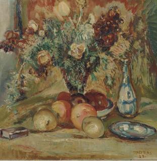 George Martens - A still life with fruits, flowers and a bottle
