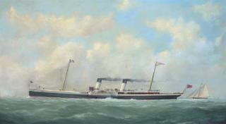 George Mears - The Cross-Channel Paddlesteamer Paris (Ii) Outward Bound For France With A Racing Cutter Astern of Her