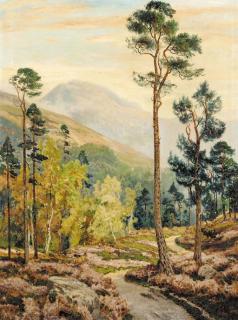 George Melvin Rennie - Stag and deer by a highland path, mountains beyond