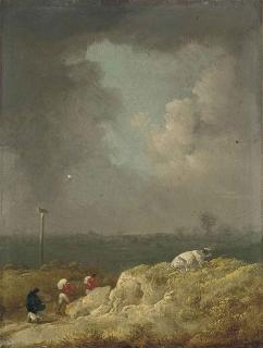 George Morland, R.A. - A stormy landscape with officers and a woman on a track, cattle resting on a bank