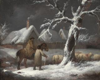 George Morland, R.A. - A winter landscape with figures and their sheep on a track