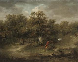 George Morland, R.A. - A wooded landscape with a huntsman pheasant shooting