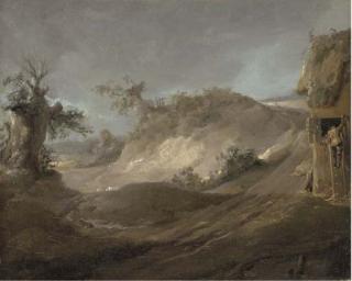 George Morland, R.A. - Landscape with a figure climbing up to a hay loft, and a pig
