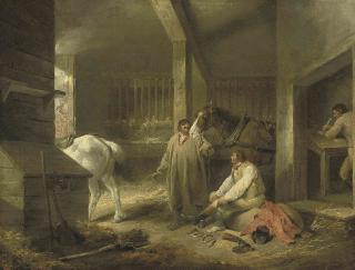 George Morland, R.A. - Preparing for market: A stable interior with figures and horses