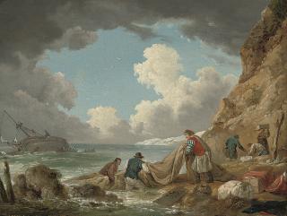 George Morland - A Coastal Inlet With A Ship Wreck And Wreckers On The Shore
