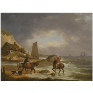 George Morland - A Coastal Landscape Of The Isle Of Wight, With Figures On Horse Back Near A Cottage