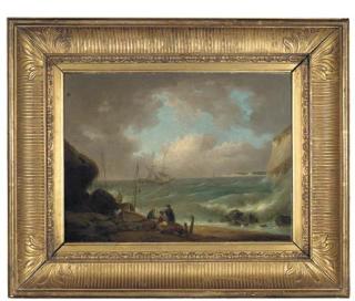 George Morland - A coastal landscape with fishermen in the foreground and white cliffs beyond