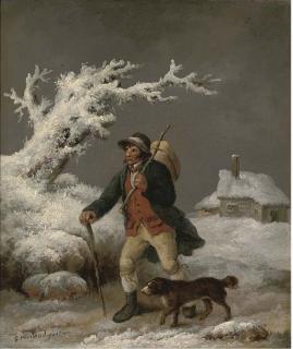 George Morland - A Cottager And His Dog In A Winter Landscape