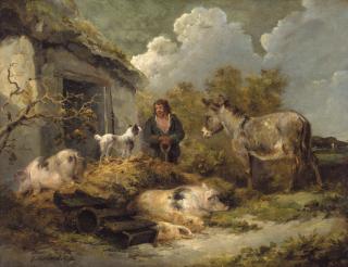George Morland - A Farm Boy With A Donkey, Pigs And A Sheep Dog