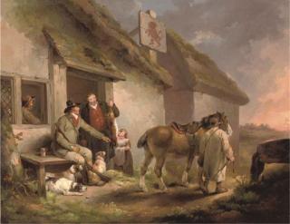 George Morland - A Game Keeper With Other Figures, Dogs And A Horse Outside The Red Lion Inn At Sunset