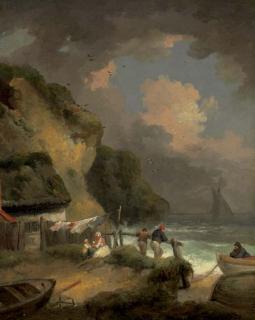George Morland - A rocky coast with fishermen by a cottage