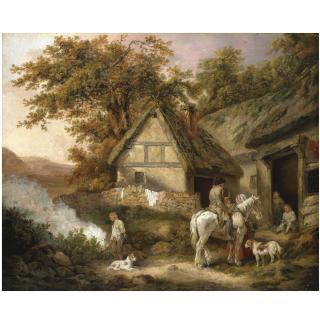 George Morland - A Traveller Resting At A Cottage With A Boy Burning Weeds To The Left