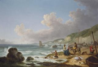 George Morland - A View Of Gurnhards Bay, Near Cowes, Isle Of Wight, With Fisherfolk On The Shore