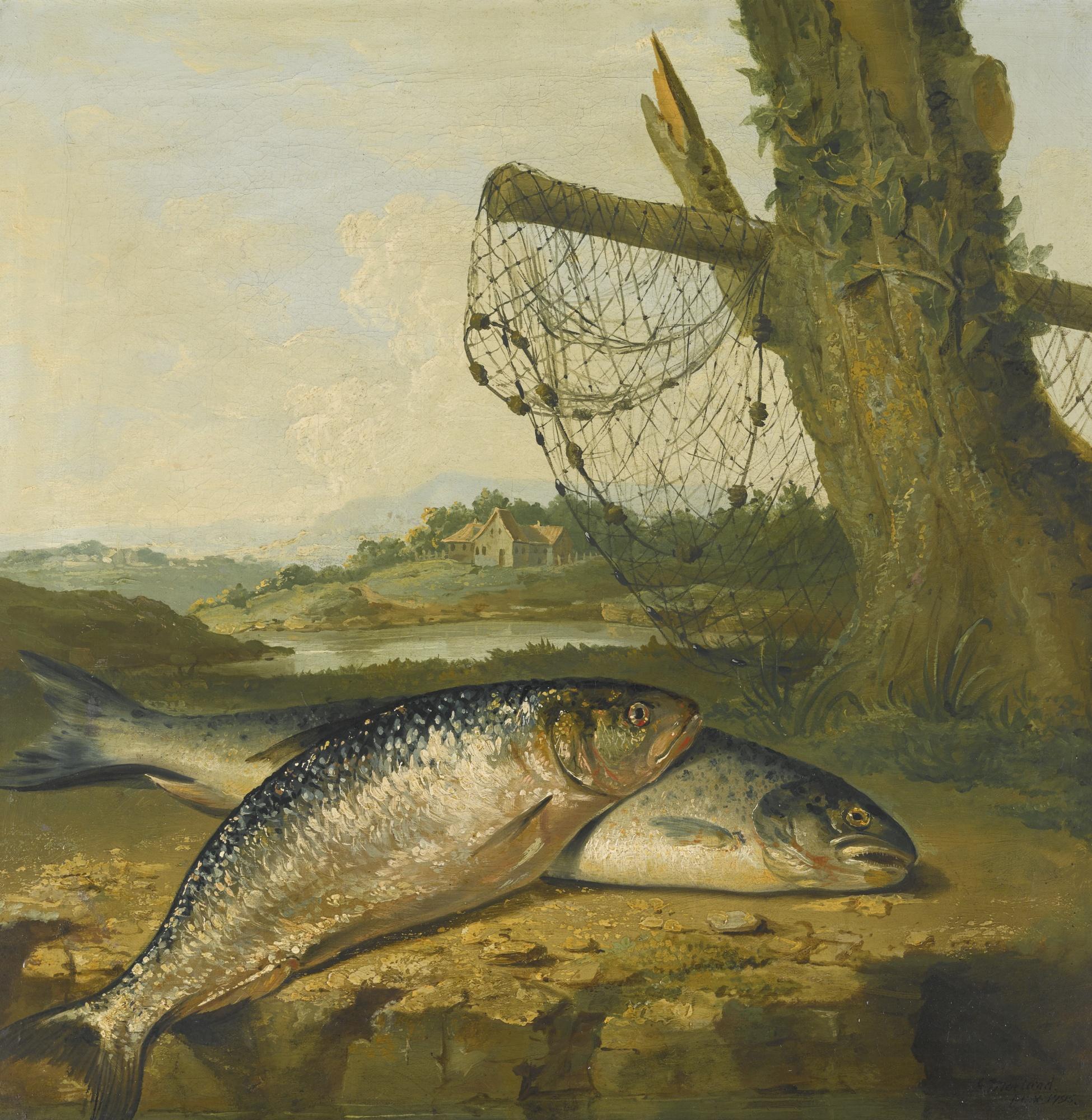 George Morland - A View On The River Derwent At Belper, Derbyshire, With A Salmon And A Grayling On The Bank