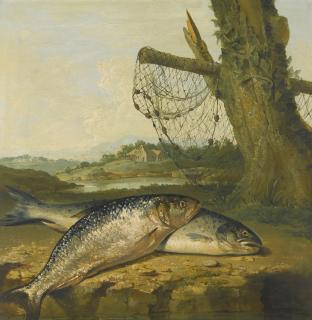 George Morland - A View On The River Derwent At Belper, Derbyshire, With A Salmon And A Grayling On The Bank