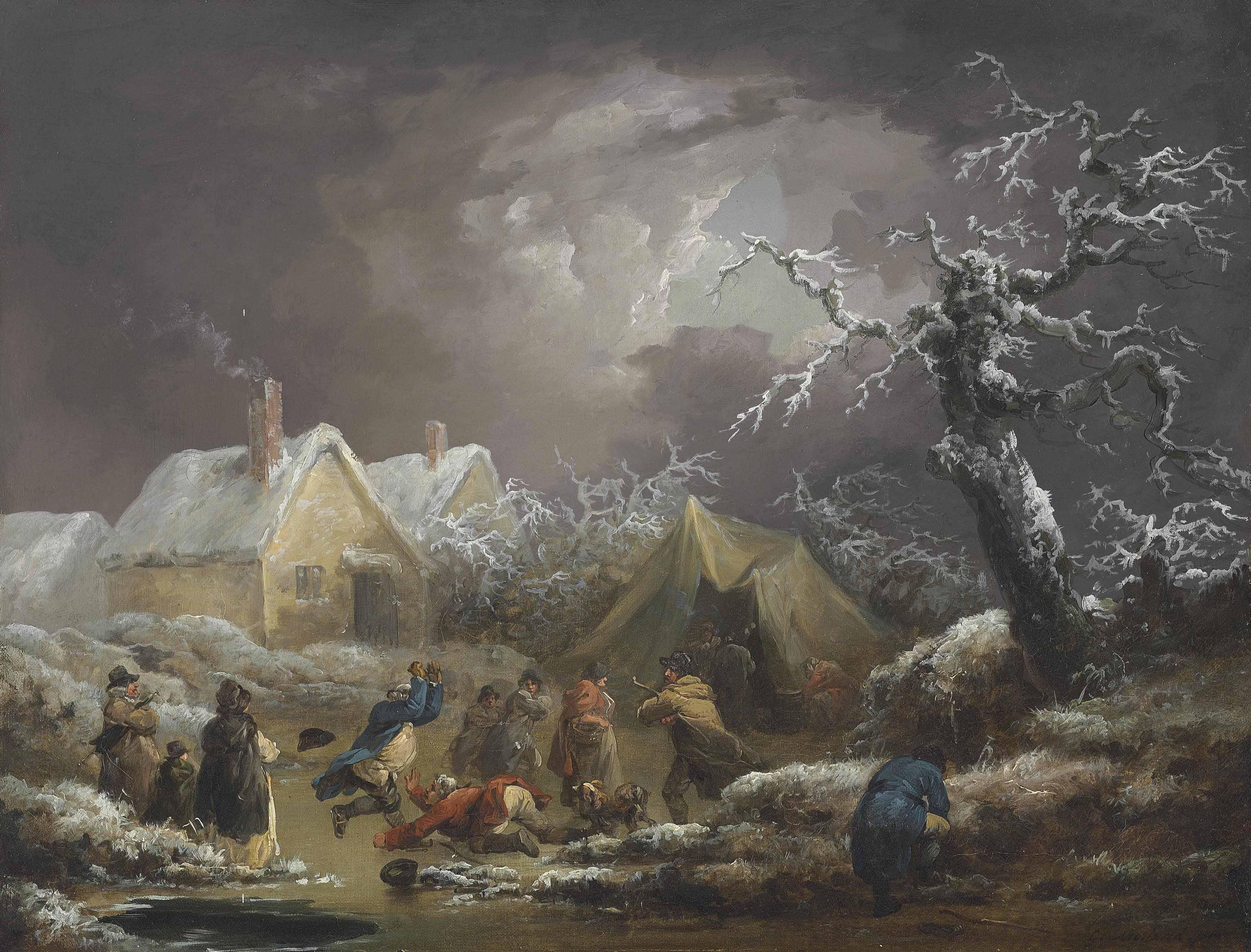 George Morland - A Winter Landscape With Figures Skating And A Man Falling On A Frozen Waterway