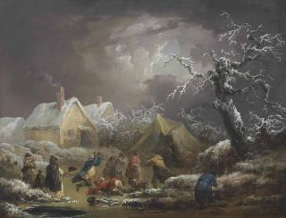 George Morland - A Winter Landscape With Figures Skating And A Man Falling On A Frozen Waterway