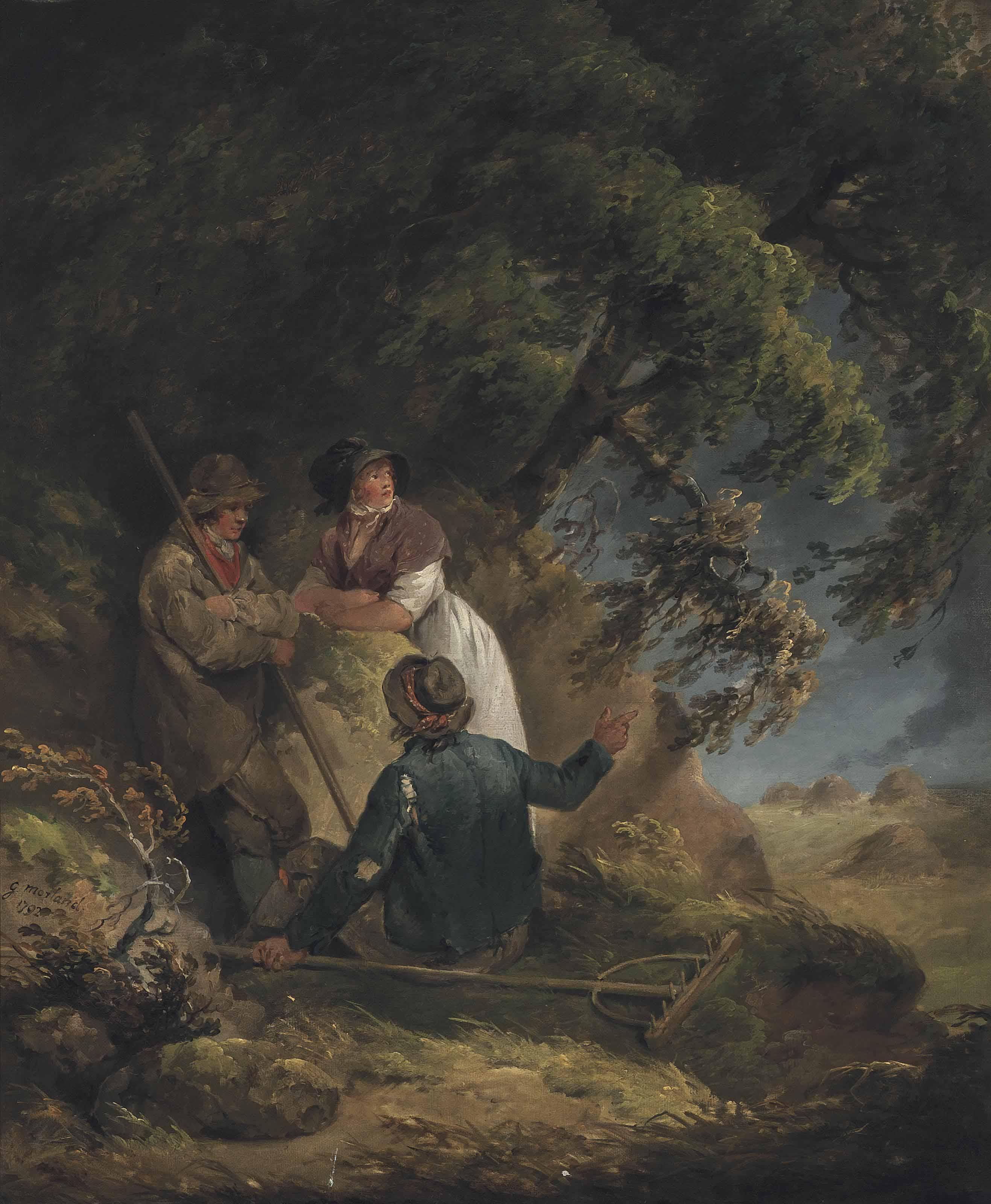 George Morland - A Wooded Landscape With Two Haymakers And A Peasant Girl Taking Shelter From A Storm