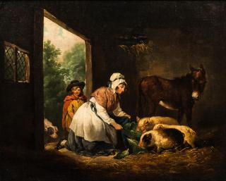 George Morland - Barn Interior Vignette: Feeding the Pigs