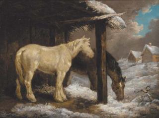 George Morland - Ponies by a byre in a winter landscape